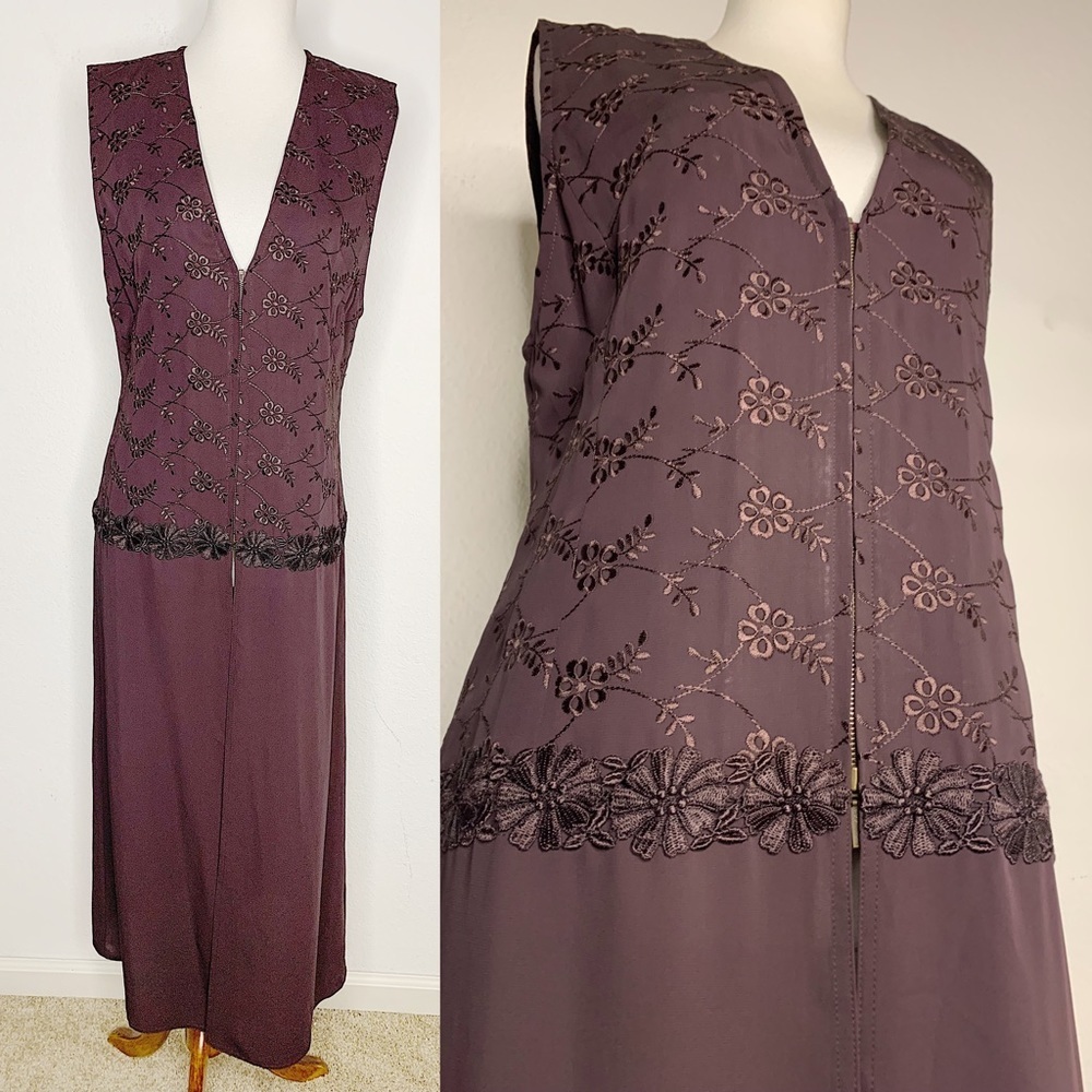 TOKUKO 1ER VOL Burgundy Floral Embroidered Crochet Sleeveless Tunic Dress Size 9
